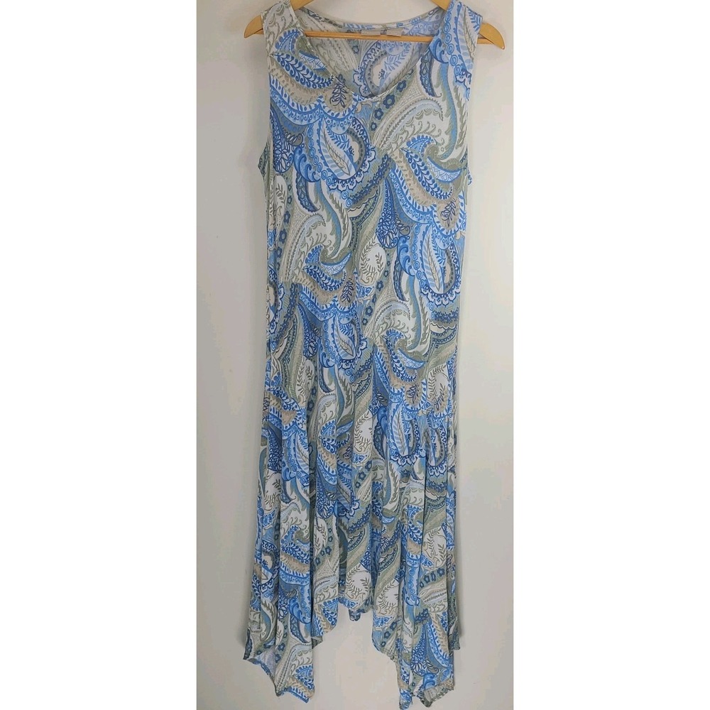 Chicos Paisley Handkerchief Hi Lo Hem Maxi Dress Size 8/10 Blue Green Stretchy